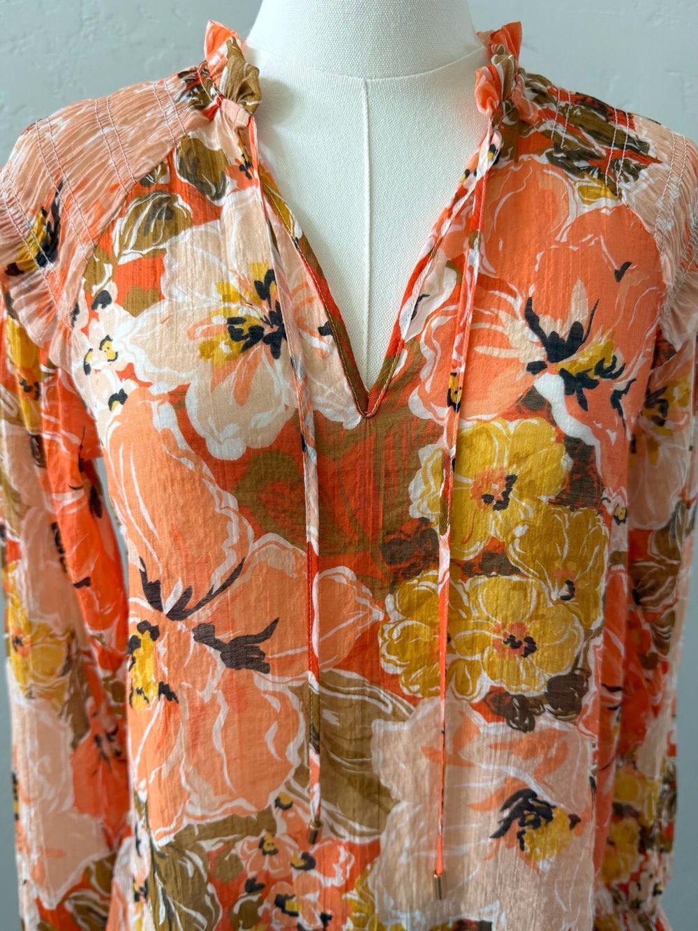 MINKPINK Dex Floral Blouse XS Coral Sheer Boho Long Sleeve Feminine - Picture 5 of 14